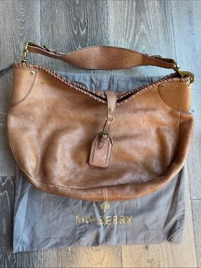 Vintage Mulberry Brown Leather Shoulder Hobo with Braided Trim AS